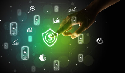 Businessman finger touching on screen multimedia interface with hand drawn currency icons