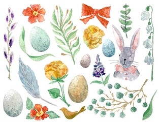 Vintage illustration set for Easter with eggs, flowers, rabbit