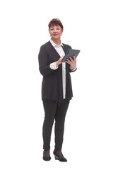 Front view of senior woman with calculator isolated