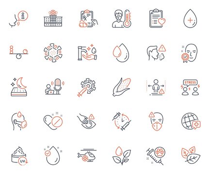 Healthcare icons set. Included icon as Hospital building, Medical pills and Face verified web elements. Social distance, Vaccination schedule, Cough icons. Organic tested. Vector