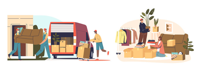 Home relocation set with people packing clothes, load and unload furniture after transportation
