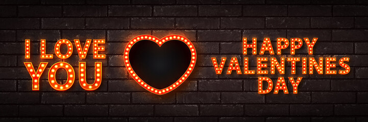 Vector set of realistic isolated retro marquee of I Love You, Happy Valentine's Day and heart shape billboard on the wall background. - obrazy, fototapety, plakaty