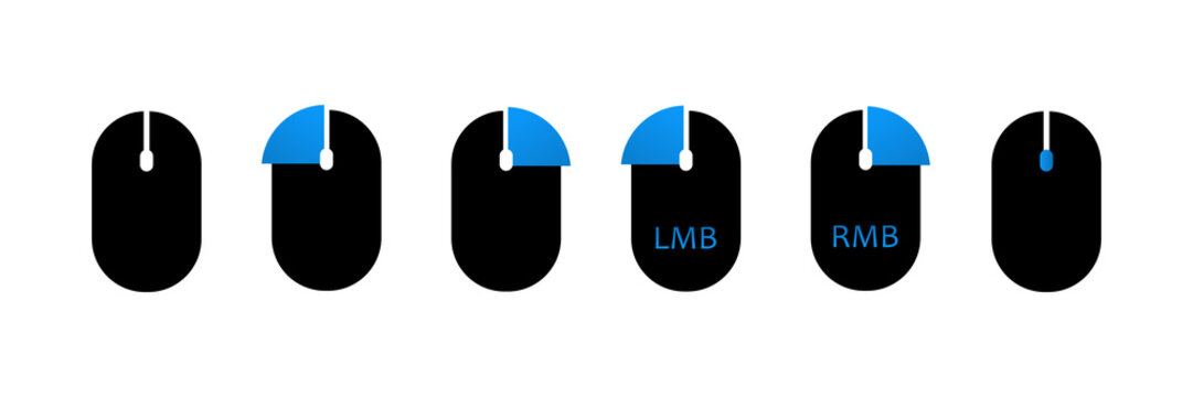 Vector isolated computer mouse symbols for game UI tutorial on the white background.