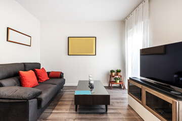 Living room with black velvet sofa, red cushions, plants in a corner, flat TV on a cabinet in front and wooden floors