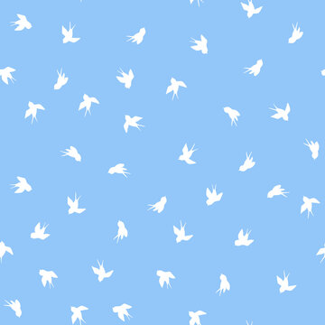 Seamless pattern with white swallow silhouette on blue background. Cute bird in flight. Vector illustration. Doodle style. Design for invitation, poster, card, fabric, textile