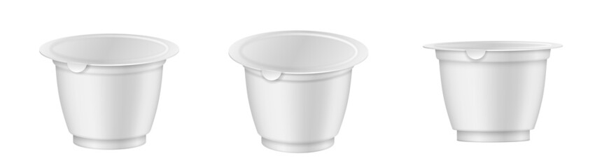 Round plastic pots set with foil cover for dairy products, yogurt, cream, dessert