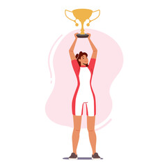 Sport Success, Victory Celebration Concept. Sportive Female Character Wear Uniform Celebrate Victory Holding Golden Cup