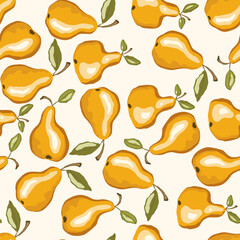 Seamless pattern with pear on white background. Natural delicious fresh ripe tasty fruit. Vector illustration for print, fabric, textile, banner, other design. Stylized pears with leaves. Food concept