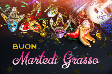 carnival masks, confetti and serpentine, happy Mardi Gras in italian  holiday card.  parade Shrove...