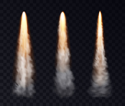 Realistic space rocket launch trails set. Missile or bullet trail. Jet aircraft tracks. Smoke clouds