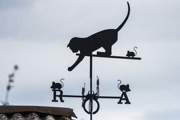 Black weather vane with cat and mice.