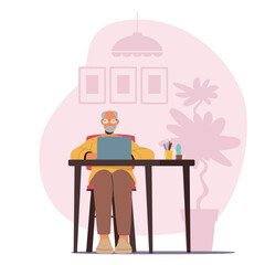 Senior Man Use Computer at Home Interior. Aged Male Character Sitting at Desk with Laptop Looking on Screen Chatting