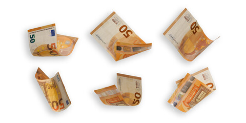 Flying 50 euro banknotes isolated on white background