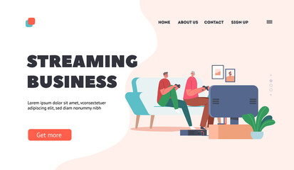 Streaming Business Landing Page Template. Family Entertainment. Happy Boy and Grandmother Characters Playing Video Game
