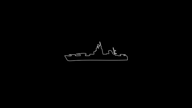 white linear ship silhouette. the picture appears and disappears on a black background.