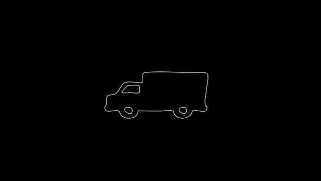 white linear small truck with awning silhouette. the picture appears and disappears on a black background.