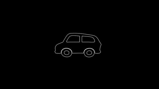 white linear car silhouette. the picture appears and disappears on a black background.