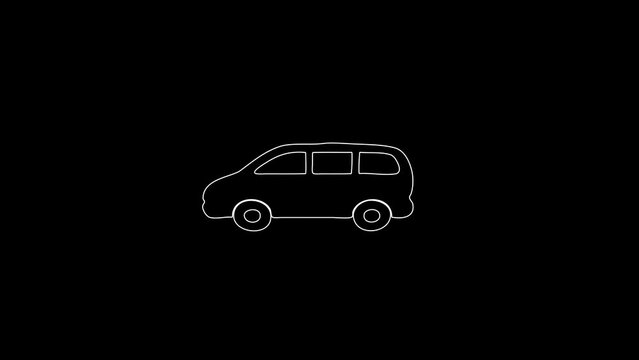 white linear car silhouette. the picture appears and disappears on a black background.