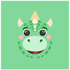 Cute dragon portrait square smile head cartoon round shape dinosaur green animal face, isolated vector icon illustration. Flat simple hand drawn for kids poster, UI app avatar, t-shirts, baby clothes
