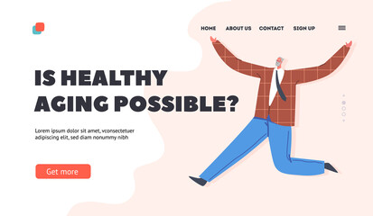 Healthy Aging Landing Page Template. Happy Old Male Character Celebrate Success, Victory, Adult Bearded Businessman