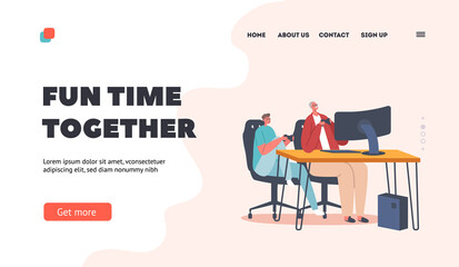 Fun Time Together Landing Page Template. Happy Boy and Grandfather Characters Playing Video Game at Home