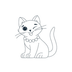 A beautiful cat in a necklace winks merrily. Black and white cartoon-style vector illustration for coloring book