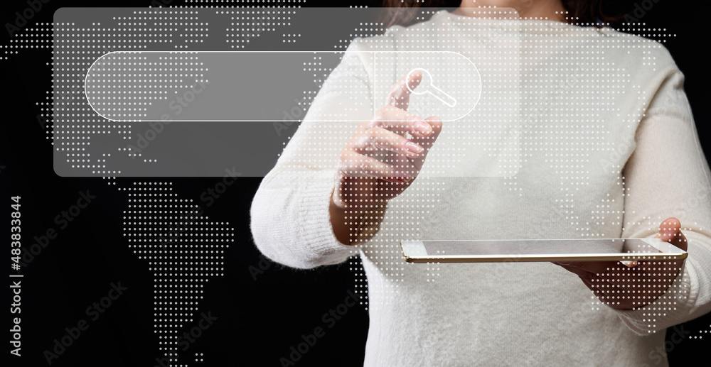 Poster a woman stands with an electronic tablet and an input line to search for a site, information on the 