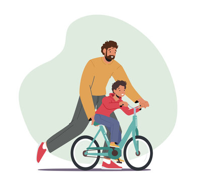 Happy Family Characters Activity. Caring Dad Teaching Son To Ride Bike For The First Time. Father Teach Kid Boy Cycling