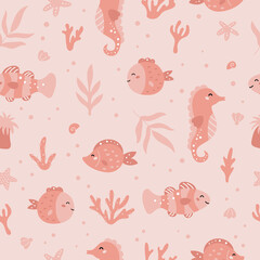 Vector seamless pattern with tropical ocean fishes, seahorse, corals and seaweeds. Hand drawn sea plants. Monochrome pink colors.
