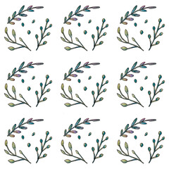 A seamless pattern with twigs and leaves on a white background. Can be used for posters, banners, fabrics, covers, wallpapers, postcards, packaging paper, textiles.