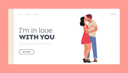 Loving Couple Kissing Landing Page Template. Male and Female Characters Fall in Love, Dating Sparetime. Young People Hug - obrazy, fototapety, plakaty