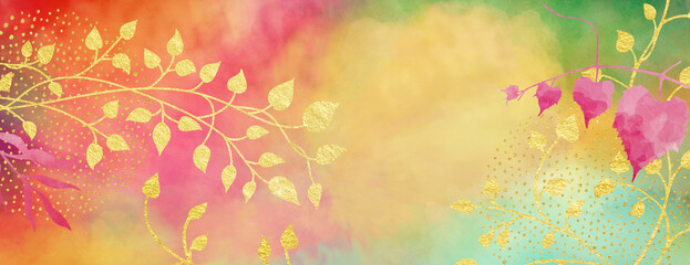 Floral background, gold vines, leaves and flower stems on border of colorful background, minimal plant outlines