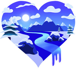 Heart Shaped Snowy Winter Landscape and River Vector Sticker