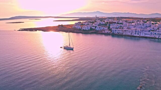 Tourism in Greece beautiful sea aerial view. Paros greek island at sunrise