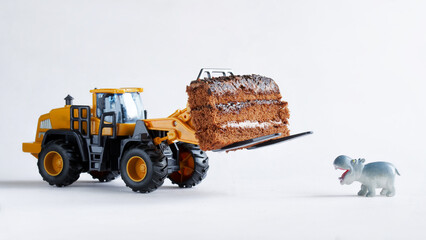 Toy forklift transports a piece of chocolate biscuit cake for the funny toy hippo. Concept of...