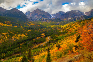 Fall in Rocky Mountain National Park as a storm comes over the Continental Divide