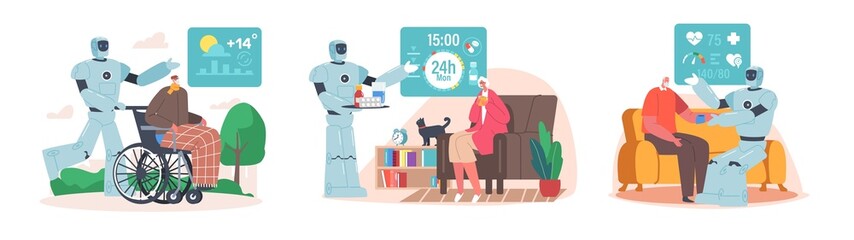 Set Robots Help Elderly People. Futuristic Technology for Seniors. Cyborg Walk with Old Man on Wheelchair, Bring Pills