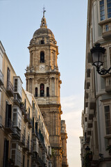 Malaga cathedral tower in Sunset