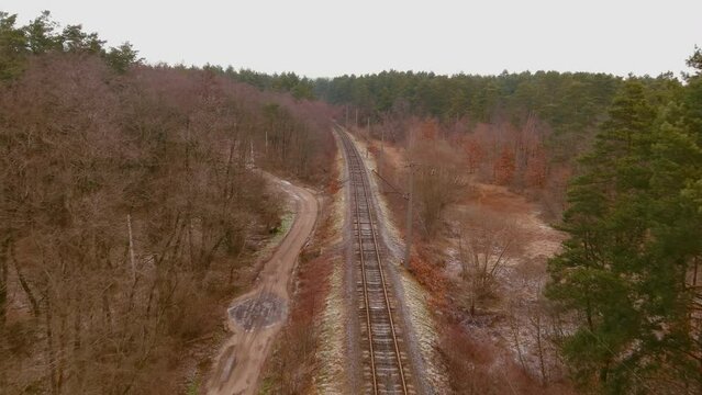 Road railway track aerial photography. Railway track tracks line railroad train