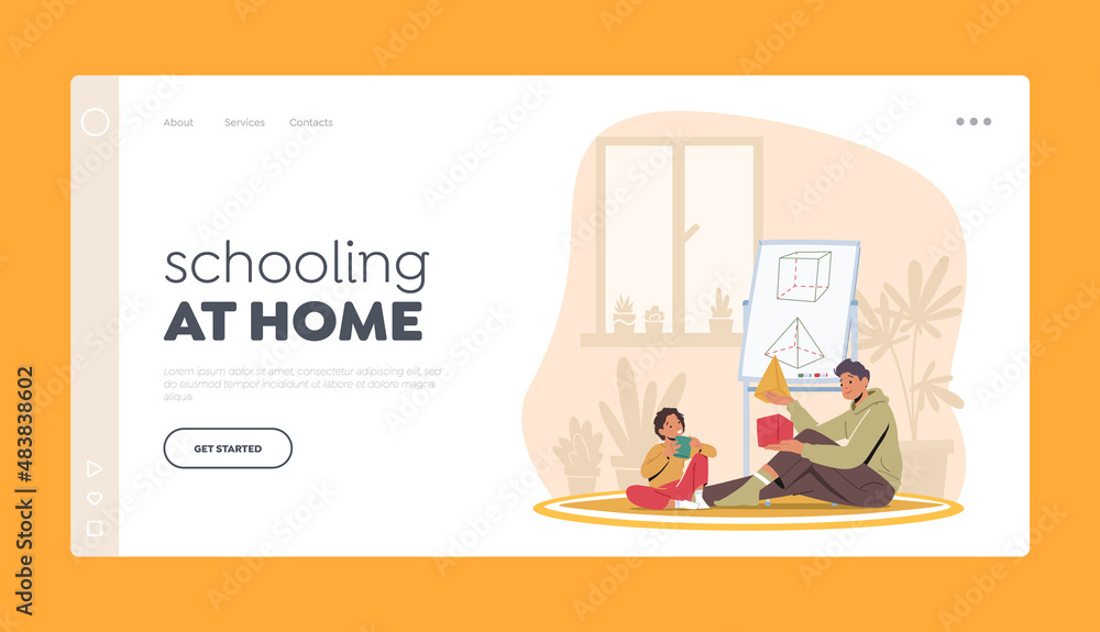 Poster schooling at home landing page template. father and little kid learn geometric shapes. parent and ch