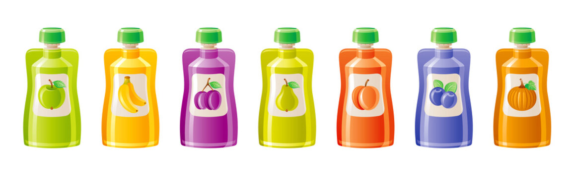 Fruit Pouch. Baby Food Package Set. Drink Plastic Pack. Vector Doypack Mockup For Juice Fruit Puree. 3d Cartoon Bag Container With Spout. Apple Pear Blueberry Banana Peach Pumpkin Plum Pouch Icon