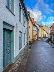 Fototapeta na wymiar street in Flensburg, St. Jürgen, historic part of the city, Schleswig Holstein, Germany