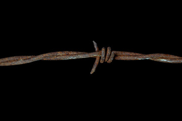 Close up of rusty barbed wire isolated on black