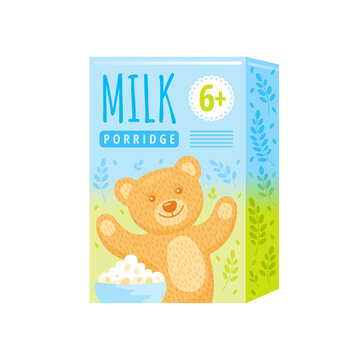 Baby Cereal Food Box Vector Illustration. Carton Porridge Breakfast Package Icon. Oatmeal Clipart Pack With Cute Cartoon Bear. Healthy Corn Flakes Packaging Isolated. Flat Cereal Food Box Design