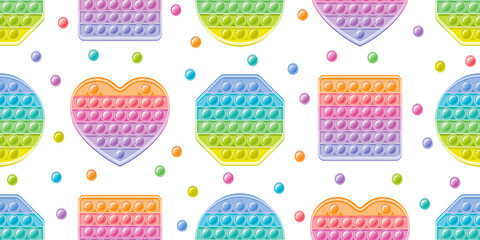 Fidget toy pattern. Popit sensory vector toy. Seamless pastel rainbow popular pop it. 3d soft realistic antistress fidgeting toy. Bubble popit fidget vector. Anti stress sensory cartoon illustration - obrazy, fototapety, plakaty