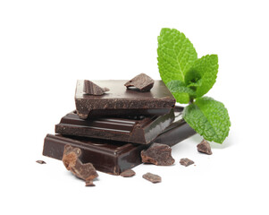 Tasty dark chocolate pieces with mint on white background