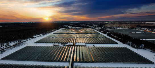Aerial view of modern glass greenhouses in winter
