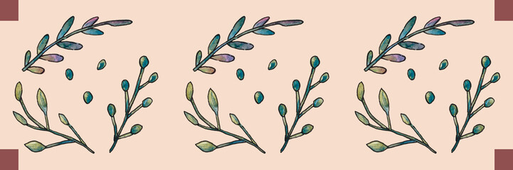 Watercolor horizontal border. Branches and leaves on a beige background. Hand-drawn.