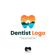 Dentist logo with mountains, sea, ship and sun in a tooth shape