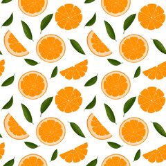 Seamless pattern. Ripe oranges juicy fruits on white background. Sliced and cut citrus fruit